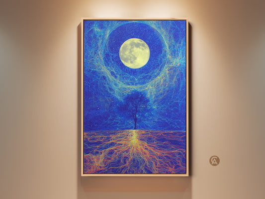 Deep blue cosmic tree canvas art featuring a surreal moon landscape. The artwork showcases a tree with celestial roots under a moonlit sky. This fantasy nature painting is perfect for stargazers and eclectic home decor. Add a touch of magic to any room with this cosmic wall print
