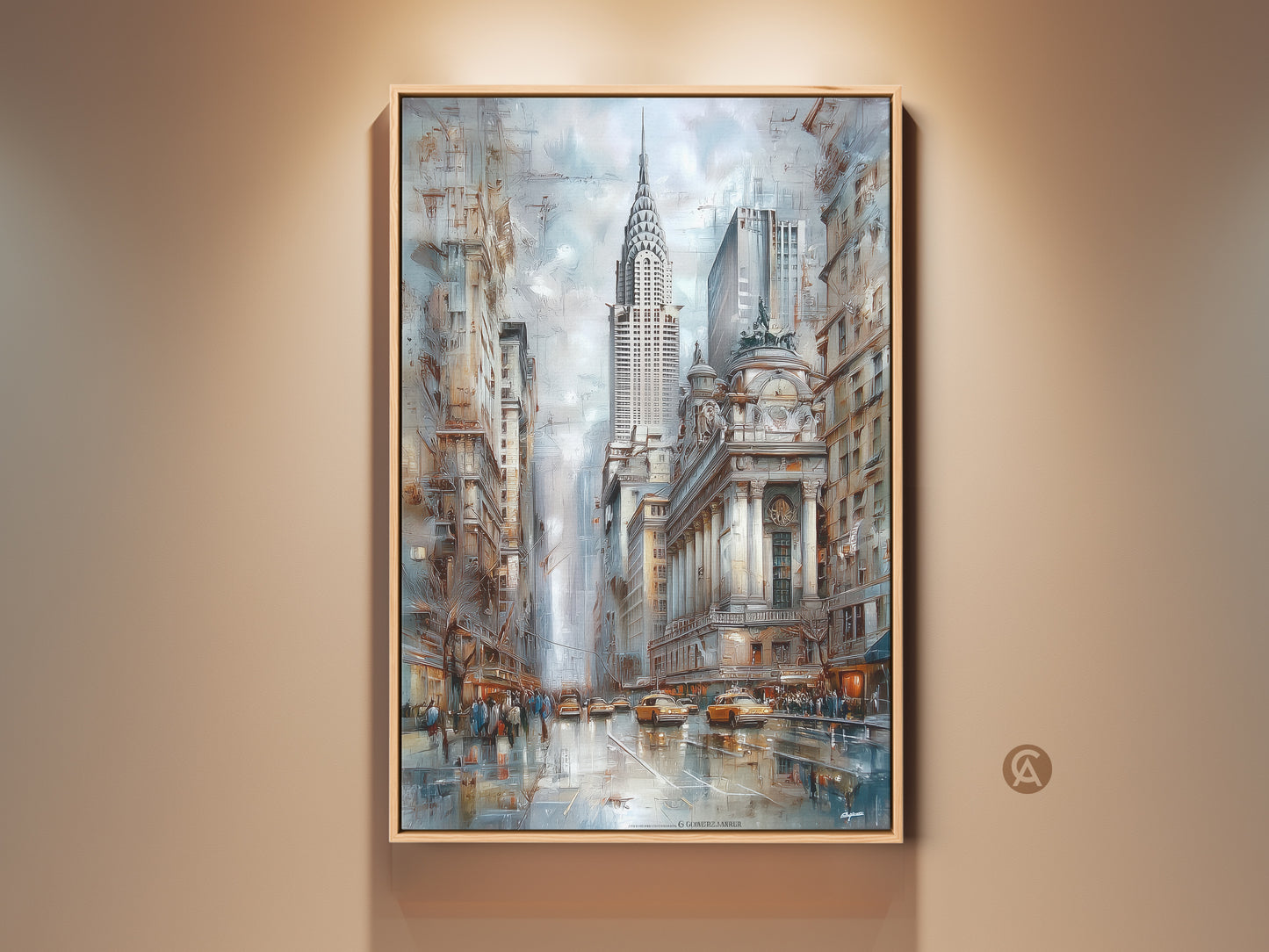 Contemporary NYC art print featuring the Chrysler Building and the New York City skyline. The art piece showcases a blue brown and gray urban decor. Ideal for office wall art for professionals. A perfect housewarming gift for New Yorkers.