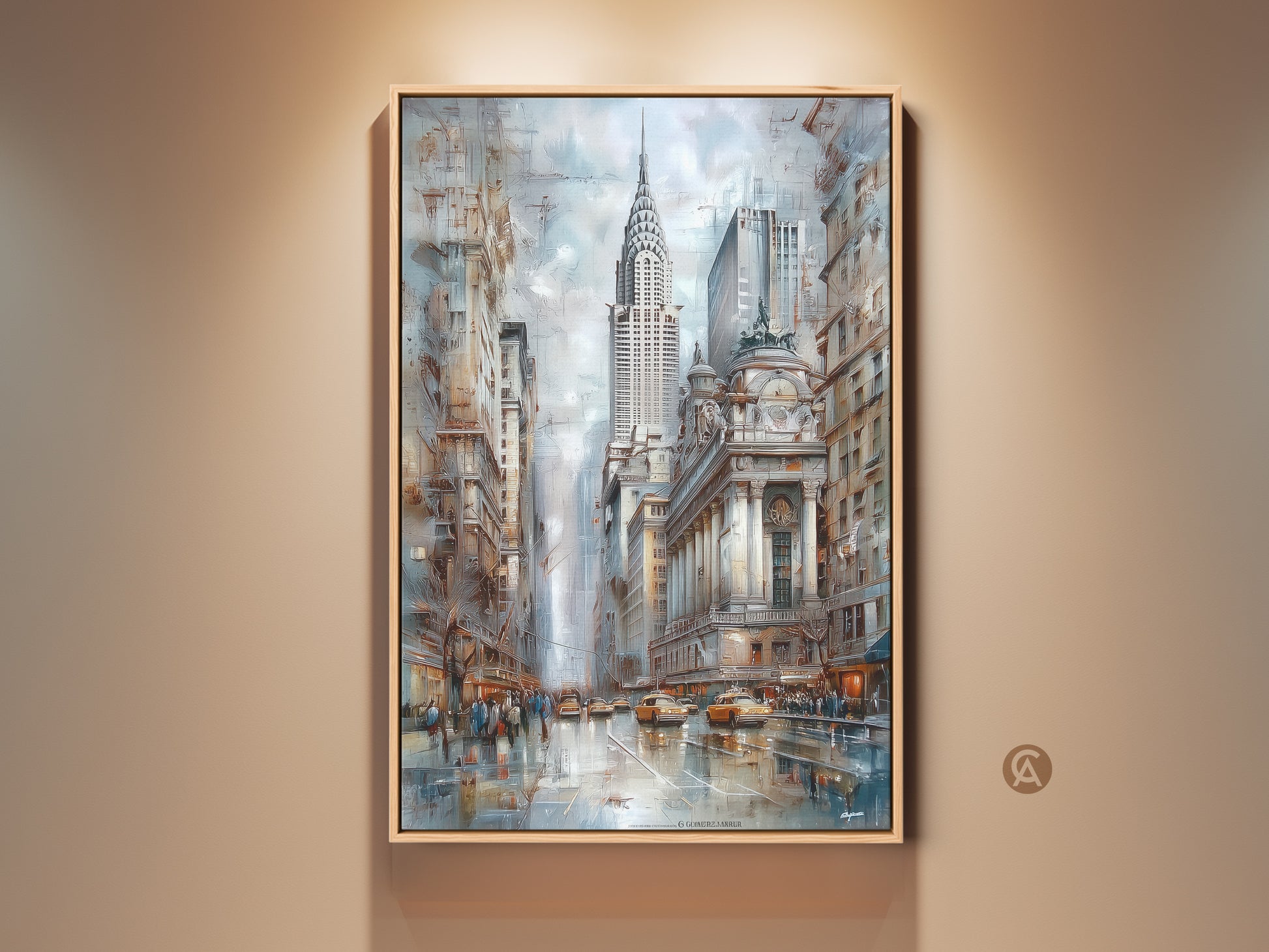 Contemporary NYC art print featuring the Chrysler Building and the New York City skyline. The art piece showcases a blue brown and gray urban decor. Ideal for office wall art for professionals. A perfect housewarming gift for New Yorkers.