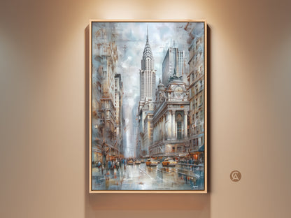 Contemporary NYC art print featuring the Chrysler Building and the New York City skyline. The art piece showcases a blue brown and gray urban decor. Ideal for office wall art for professionals. A perfect housewarming gift for New Yorkers.