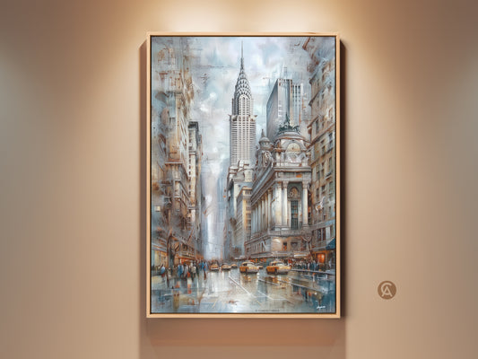 Contemporary NYC art print featuring the Chrysler Building and the New York City skyline. The art piece showcases a blue brown and gray urban decor. Ideal for office wall art for professionals. A perfect housewarming gift for New Yorkers.