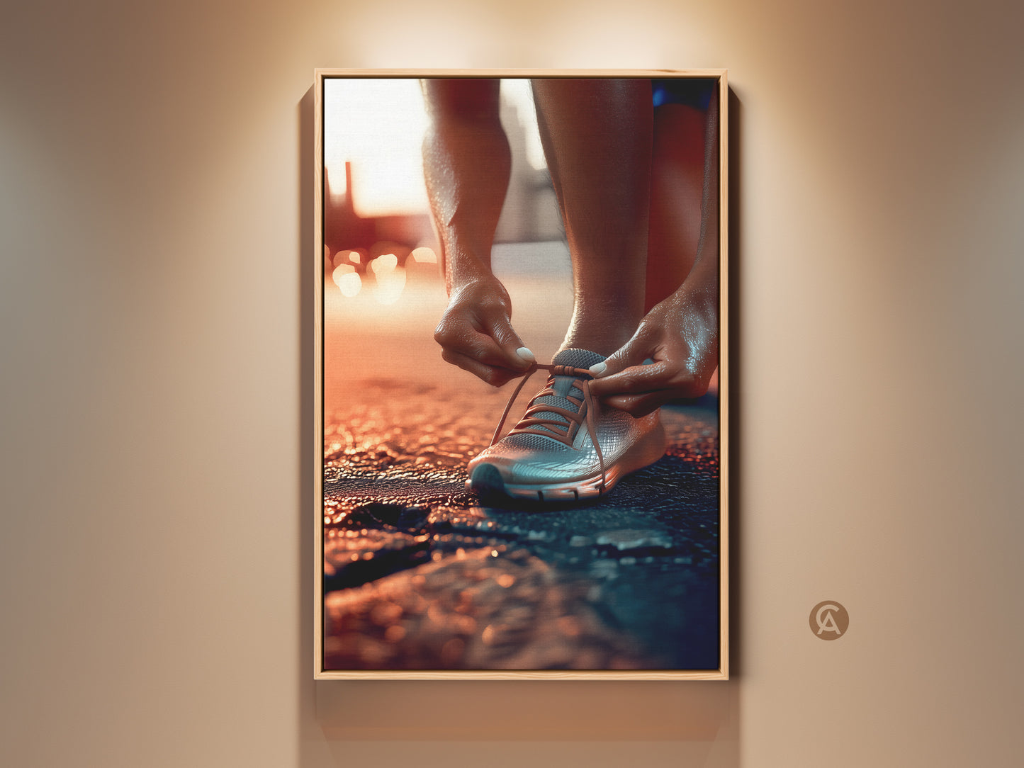 Close-up of a runner tying their shoelaces. This fitness motivation art print showcases the focus needed for success. The contemporary canvas features orange gray and teal colors. Perfect home gym or bedroom decor. A great athlete gift idea.