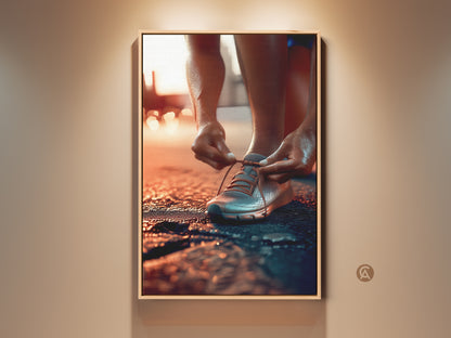 Close-up of a runner tying their shoelaces. This fitness motivation art print showcases the focus needed for success. The contemporary canvas features orange gray and teal colors. Perfect home gym or bedroom decor. A great athlete gift idea.