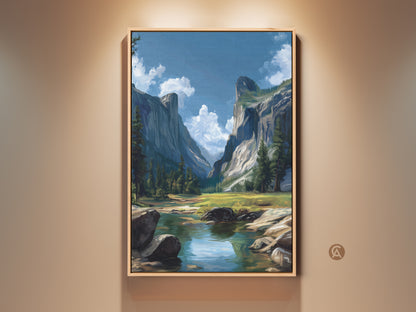 Rustic mountain valley landscape art features an Impressionist style. This canvas print showcases a river flowing through a scenic view. Blue and green hues create a tranquil outdoor artwork. Perfect rustic home decor for nature lovers. It is a thoughtful housewarming gift idea.