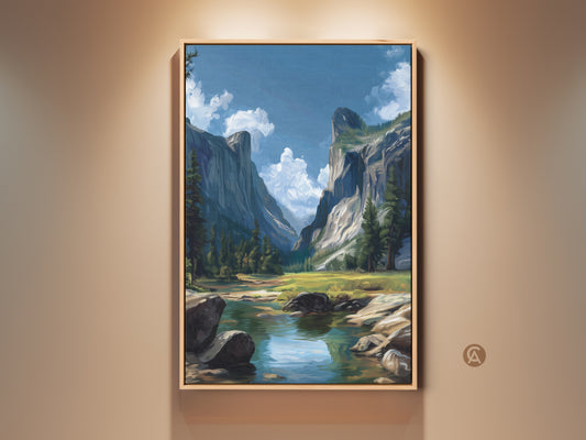 Rustic mountain valley landscape art features an Impressionist style. This canvas print showcases a river flowing through a scenic view. Blue and green hues create a tranquil outdoor artwork. Perfect rustic home decor for nature lovers. It is a thoughtful housewarming gift idea.