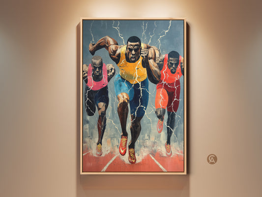 Dynamic runner canvas art. Expressionist sports print features a striking yellow blue and red athlete painting. Perfect gym and office decor. A unique birthday gift for athletes. Shop Now!