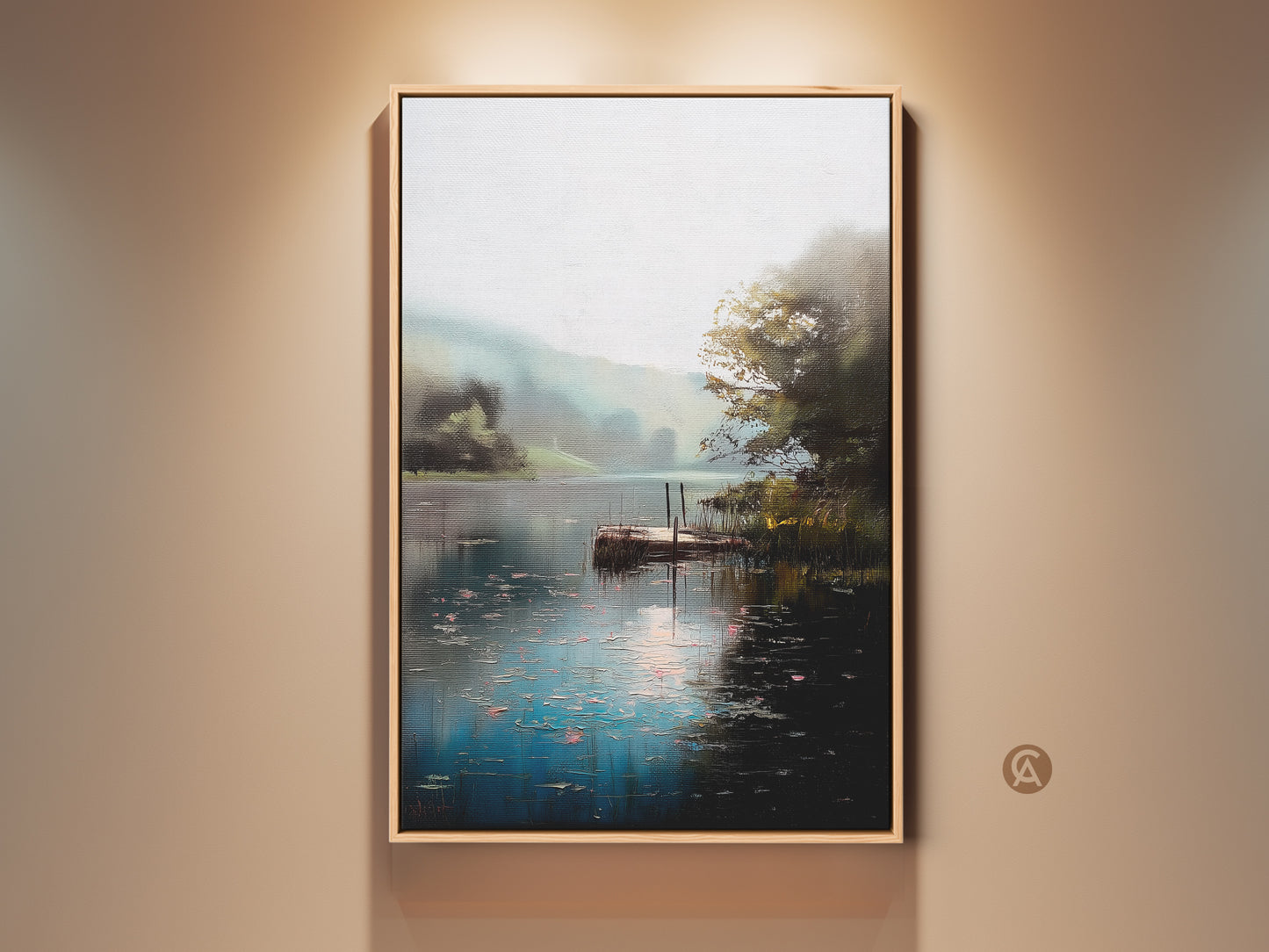 Rustic lake dock landscape canvas print on a wall. This impressionist nature art features teal green water. Perfect serene wall decor great as a housewarming gift. The oil painting style artwork provides a peaceful water view. Ideal for living rooms or bedrooms offering a calming natural scene.