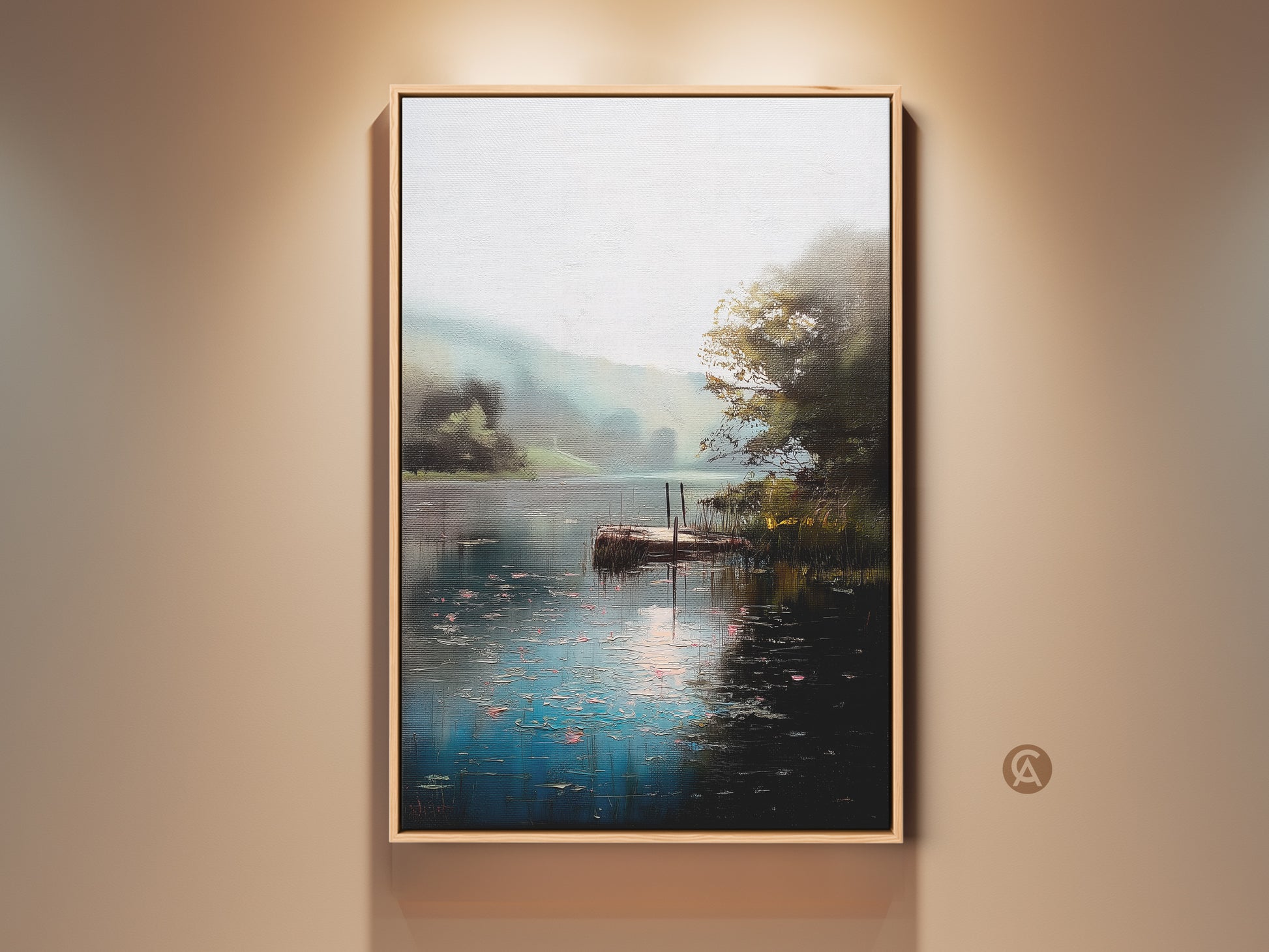 Rustic lake dock landscape canvas print on a wall. This impressionist nature art features teal green water. Perfect serene wall decor great as a housewarming gift. The oil painting style artwork provides a peaceful water view. Ideal for living rooms or bedrooms offering a calming natural scene.