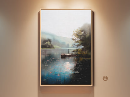 Rustic lake dock landscape canvas print on a wall. This impressionist nature art features teal green water. Perfect serene wall decor great as a housewarming gift. The oil painting style artwork provides a peaceful water view. Ideal for living rooms or bedrooms offering a calming natural scene.