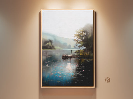 Rustic lake dock landscape canvas print on a wall. This impressionist nature art features teal green water. Perfect serene wall decor great as a housewarming gift. The oil painting style artwork provides a peaceful water view. Ideal for living rooms or bedrooms offering a calming natural scene.