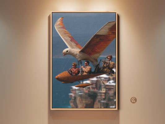 A framed canvas shows surreal artwork with vintage musicians on an ornithopter flight. Teal brown and orange colors create an eclectic study wall decor piece. See coastal scenery in this unique wall hanging.