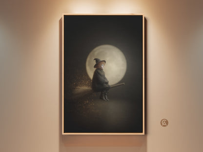 Fantasy witch canvas art on a broomstick against a full moon. Gothic moon wall art in black and gold tones adds eclectic decor. A witchy Halloween gift idea for dark academia style. Shimmering gold dust accents enhance this mystical print. Perfect for a spooky season or a gothic home accent.