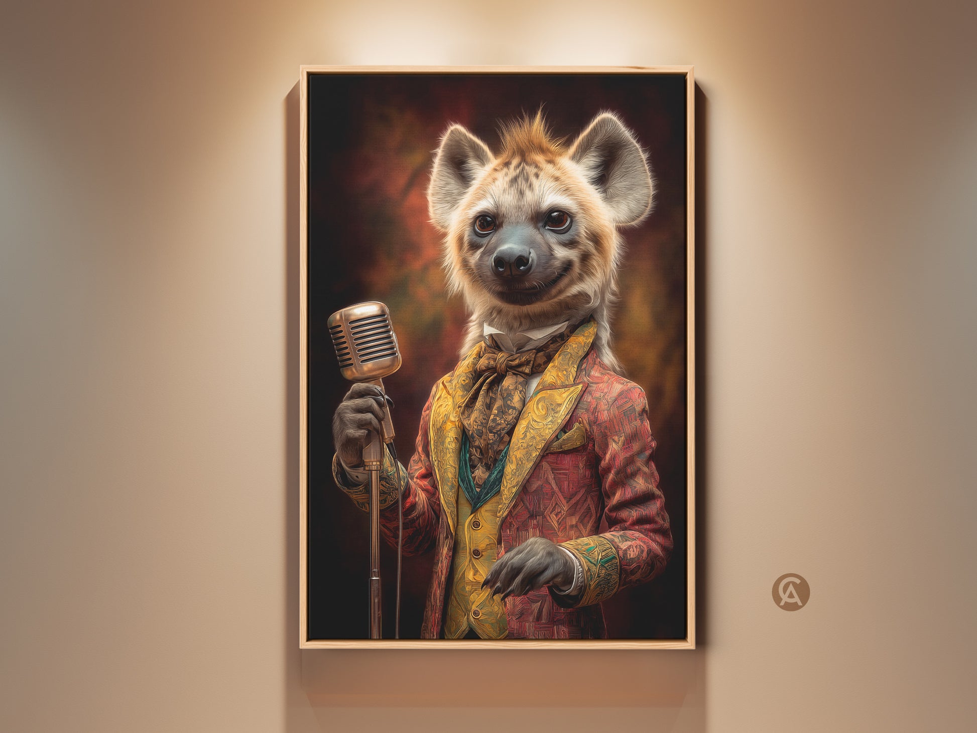 Dapper hyena musician wall artwork in a wooden frame. This retro animal print features an eclectic hyena with a microphone. Gold brown and red hues create a vintage style perfect for music lovers. Enhance your study room or office with this unique animal singer poster print.