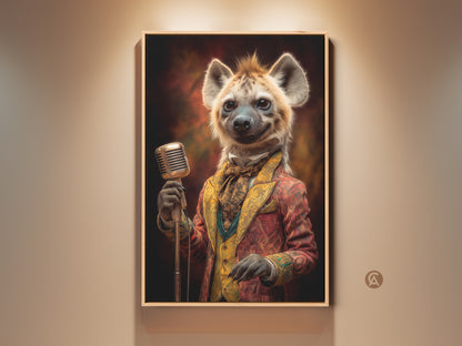 Dapper hyena musician wall artwork in a wooden frame. This retro animal print features an eclectic hyena with a microphone. Gold brown and red hues create a vintage style perfect for music lovers. Enhance your study room or office with this unique animal singer poster print.