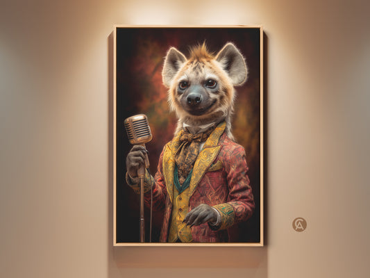 Dapper hyena musician wall artwork in a wooden frame. This retro animal print features an eclectic hyena with a microphone. Gold brown and red hues create a vintage style perfect for music lovers. Enhance your study room or office with this unique animal singer poster print.