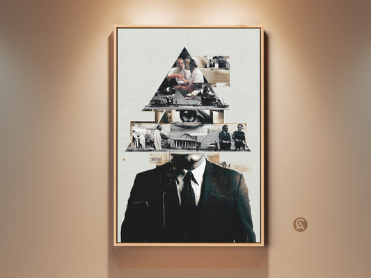 Sophisticated vintage style man in suit collage art print. Sepia toned historical photos create a thought-provoking artwork. Perfect biographical art for office decor or a unique gift. This contemporary collage adds intellectual depth and artistic appeal to any space.
