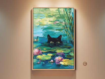 Framed oil painting of a black cat in a pond. The cat is peering out from the water among lily pads and flowers. This fine art piece adds a touch of whimsy to any room. The artwork is framed in a natural wood.