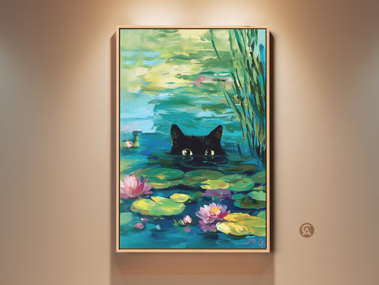 Framed oil painting of a black cat in a pond. The cat is peering out from the water among lily pads and flowers. This fine art piece adds a touch of whimsy to any room. The artwork is framed in a natural wood.