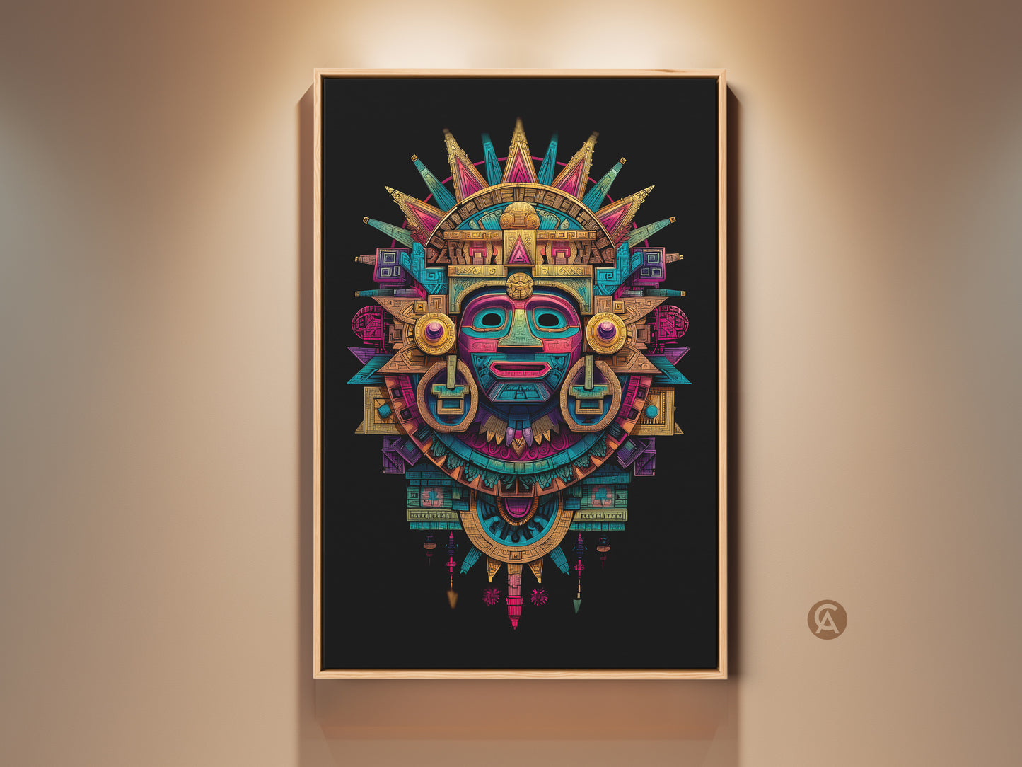 Framed Mayan mask art print. It features a colorful Aztec-inspired design. The artwork includes a sunburst element. The print is displayed in a modern frame. Perfect wall art for a cultural or artistic home decor theme.