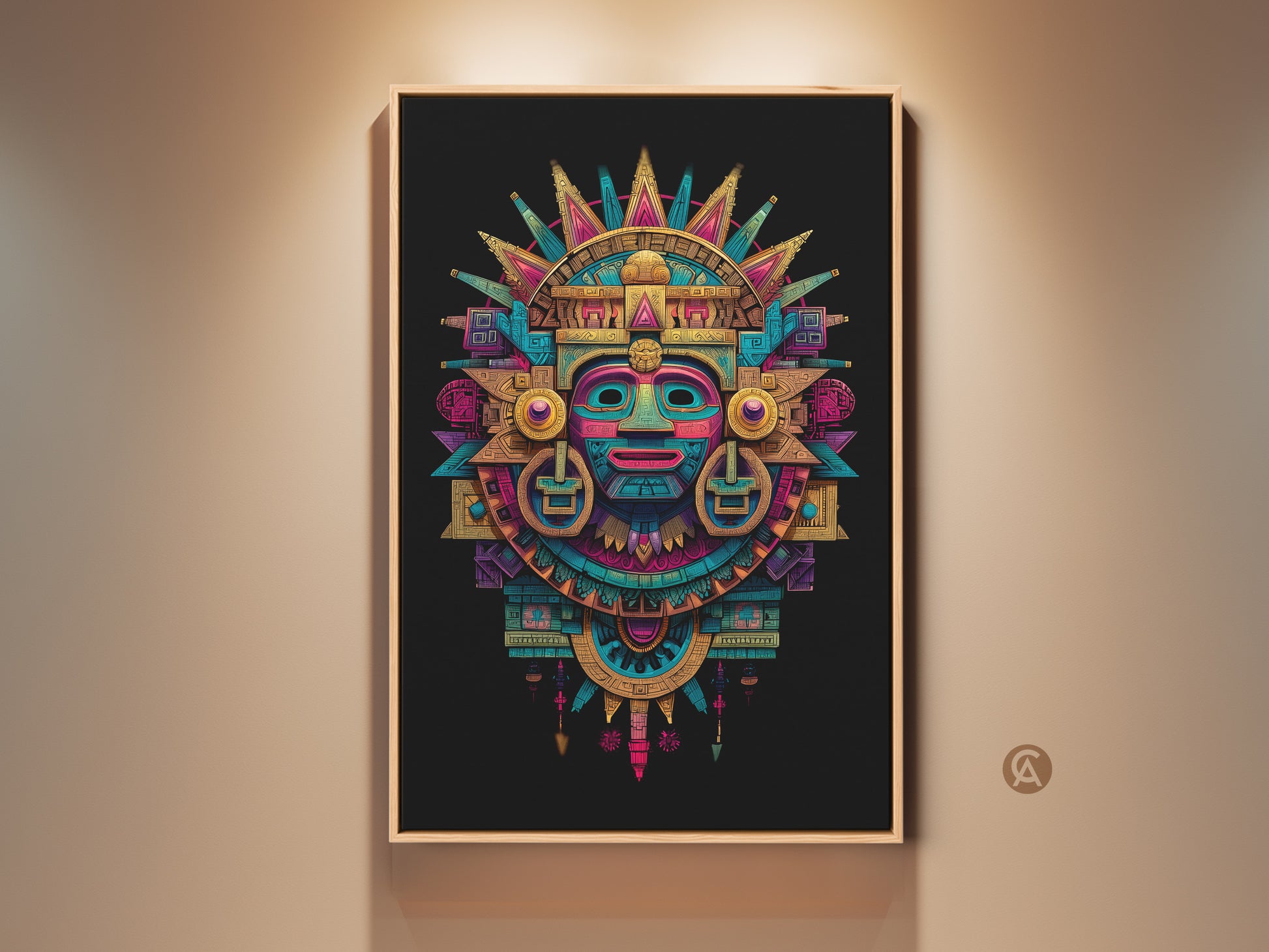 Framed Mayan mask art print. It features a colorful Aztec-inspired design. The artwork includes a sunburst element. The print is displayed in a modern frame. Perfect wall art for a cultural or artistic home decor theme.