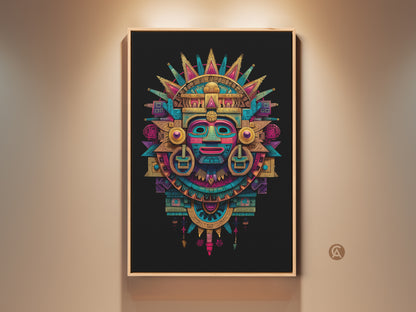 Framed Mayan mask art print. It features a colorful Aztec-inspired design. The artwork includes a sunburst element. The print is displayed in a modern frame. Perfect wall art for a cultural or artistic home decor theme.