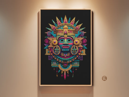 Framed Mayan mask art print. It features a colorful Aztec-inspired design. The artwork includes a sunburst element. The print is displayed in a modern frame. Perfect wall art for a cultural or artistic home decor theme.