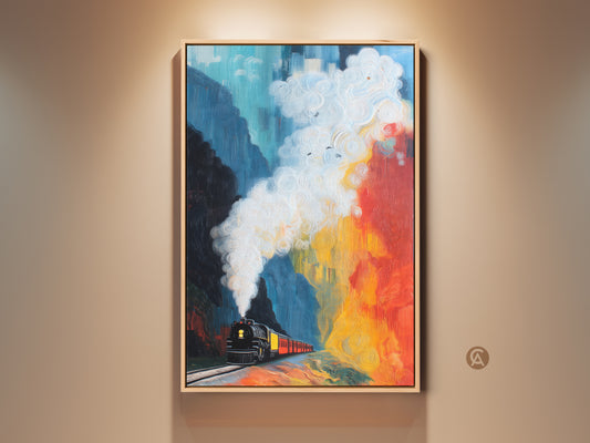 Expressive steam train canvas art. This mountain landscape print features teal red and yellow hues. A colorful and eclectic piece perfect as a train lover gift or unique wall decor. Add vibrant art to any office or study room.