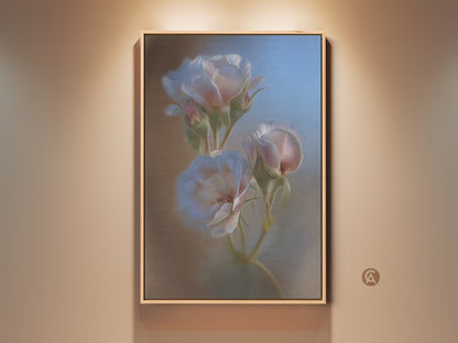 Botanical Rose Art Print in a floating wood frame. This soft focus floral wall hanging features pink and blue impressionistic style. It is an ideal anniversary gift idea. The artwork adds an elegant touch to any room.