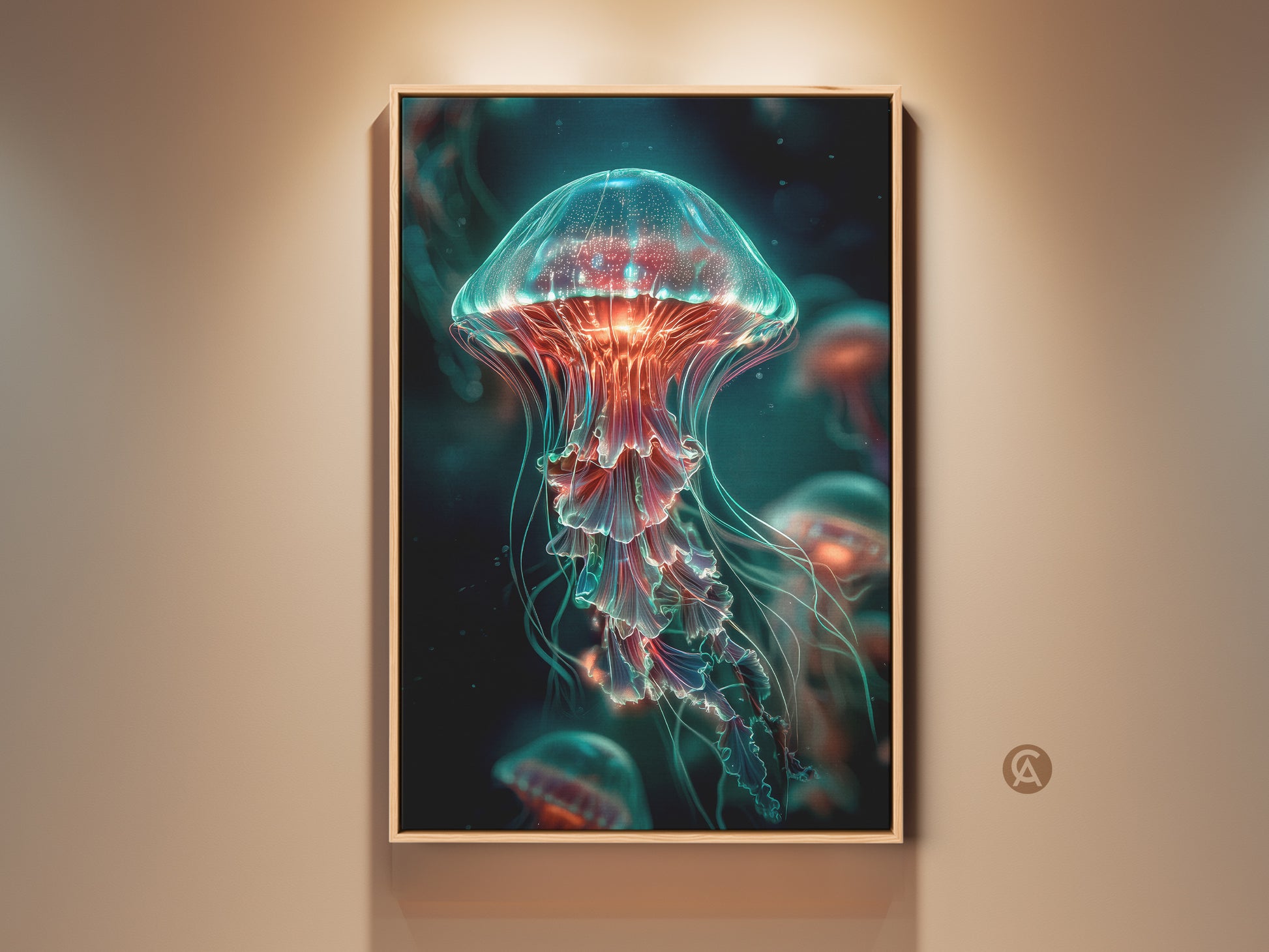 Framed jellyfish canvas artwork. The floating frame adds a touch of elegance. It enhances the vibrant colors of the jellyfish art. This framed canvas is ready to hang bringing marine life art to your walls. A perfect statement piece for ocean art lovers.