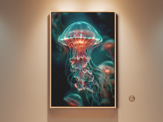 Framed jellyfish canvas artwork. The floating frame adds a touch of elegance. It enhances the vibrant colors of the jellyfish art. This framed canvas is ready to hang bringing marine life art to your walls. A perfect statement piece for ocean art lovers.
