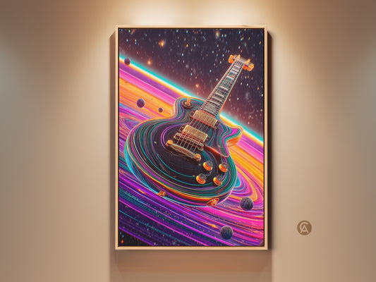 Framed psychedelic electric guitar art. A space theme canvas print hangs on a beige wall. The vibrant pink orange and purple hues create a unique gift for a musician. A perfect wall art for psychedelic music lovers.
