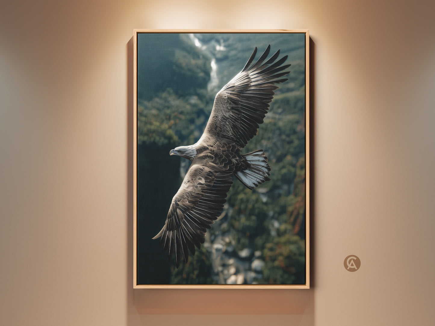 Majestic eagle soars over a mountain landscape. This wildlife photography canvas print brings nature's power to your home. The rustic style and earthy tones make it ideal for study room or living room decor. Perfect bird watcher gift idea.