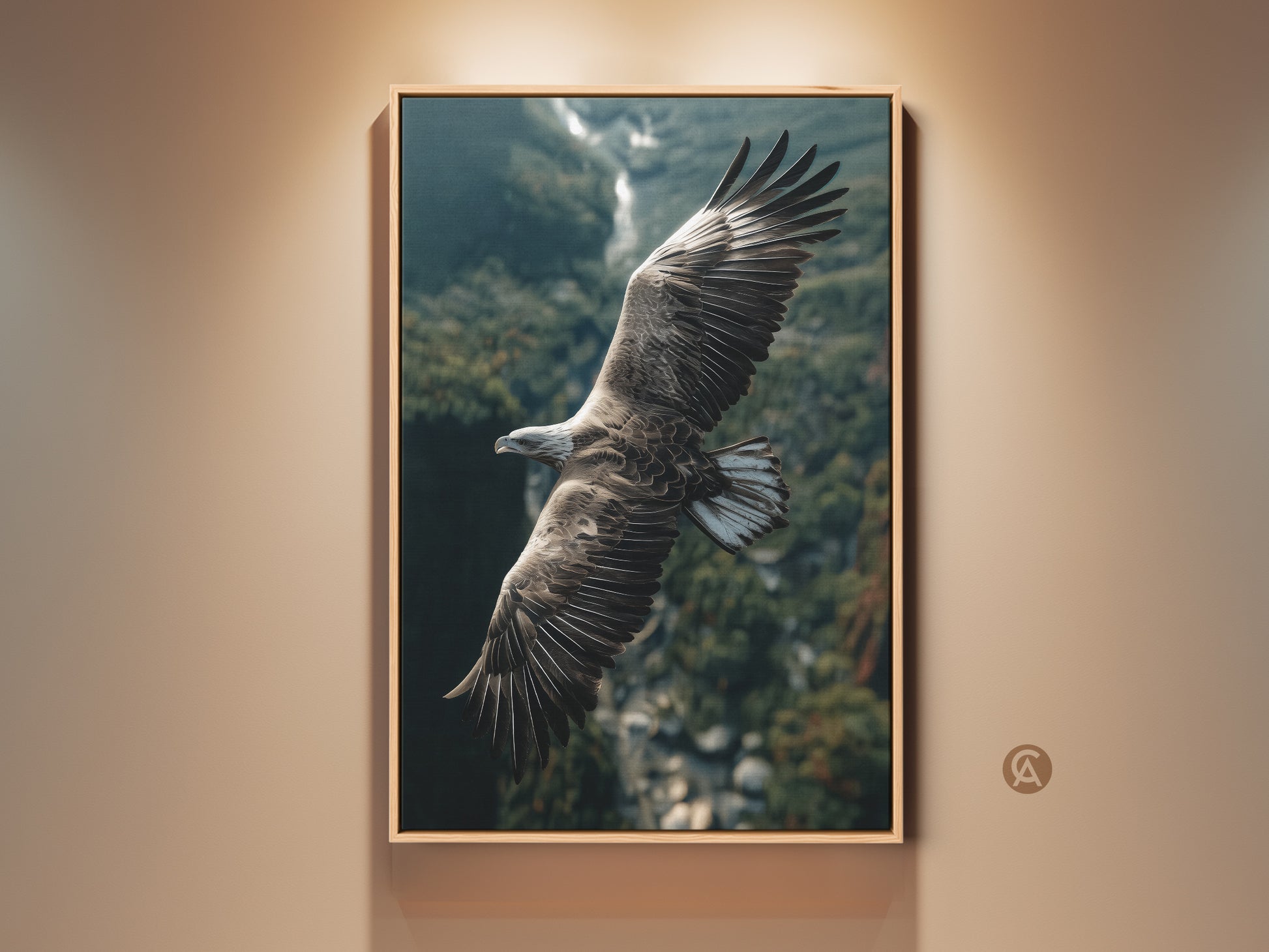 Majestic eagle soars over a mountain landscape. This wildlife photography canvas print brings nature's power to your home. The rustic style and earthy tones make it ideal for study room or living room decor. Perfect bird watcher gift idea.