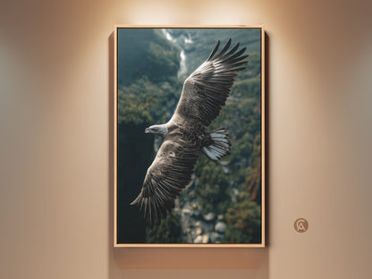 Majestic eagle soars over a mountain landscape. This wildlife photography canvas print brings nature's power to your home. The rustic style and earthy tones make it ideal for study room or living room decor. Perfect bird watcher gift idea.