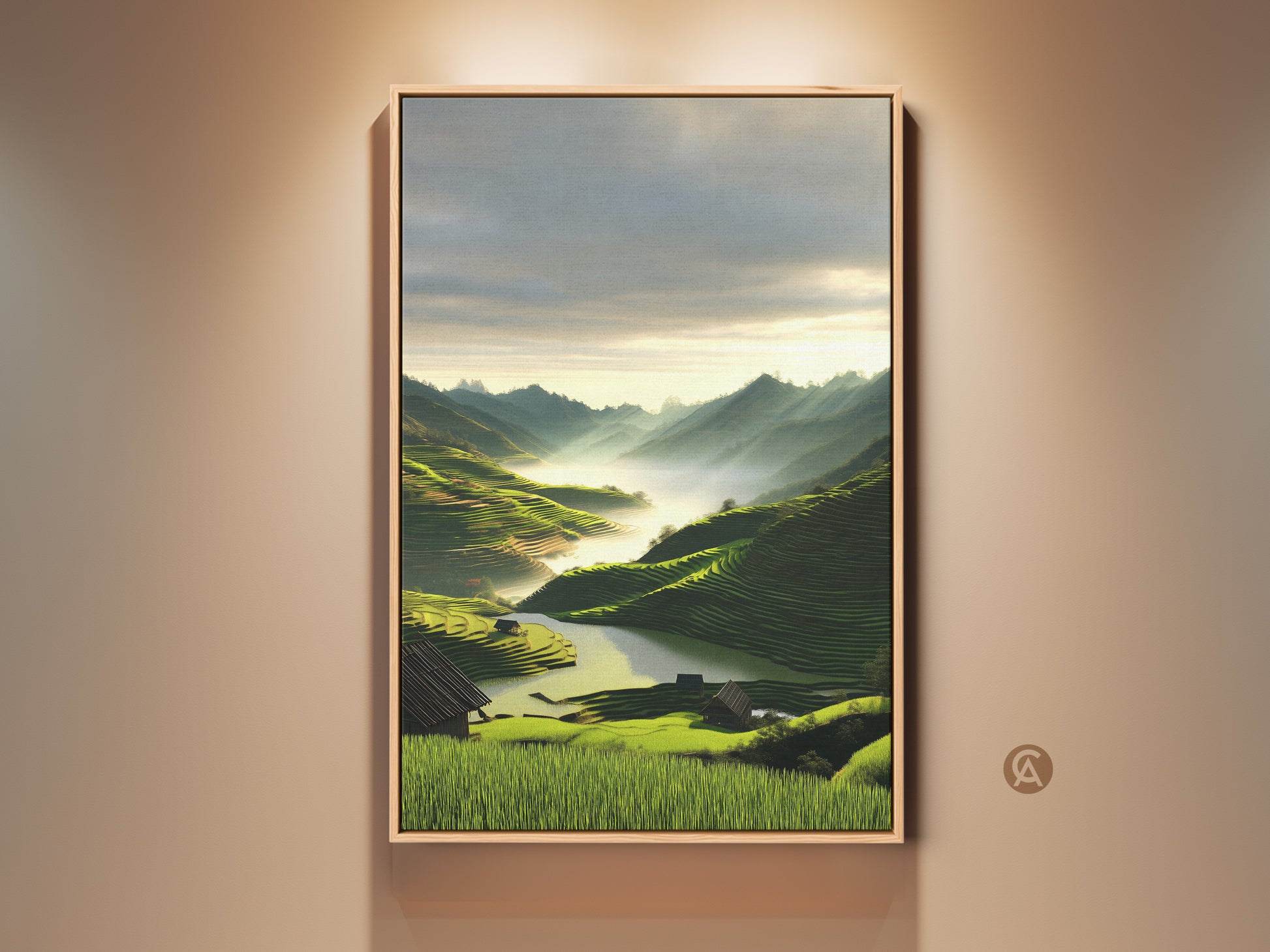 Framed scenic mountain landscape canvas print. Emerald green terraced fields are featured in this contemporary nature artwork. The wall decor brings tranquil beauty to any room. A perfect housewarming gift for a new home or traveler gift wall art.