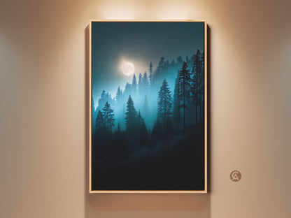 Framed deep blue forest art with a moonlit sky. Teal pine trees create a tranquil nature landscape. Perfect modern bedroom decor adding serene beauty to your home.