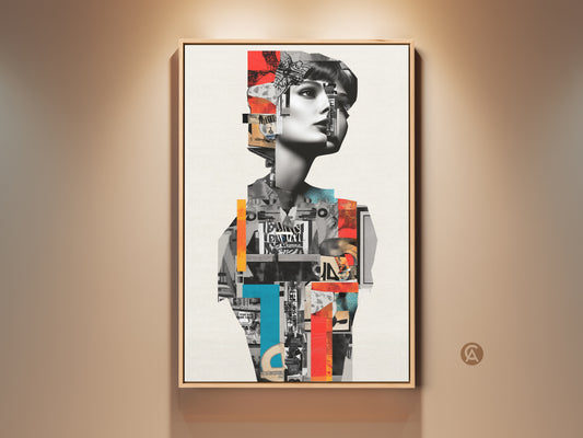 Framed view of a vintage woman collage art print. The artwork combines black white and orange hues for an eclectic fashion wall art piece. This mixed media figurative art adds a retro touch to any modern space or bedroom decor.  A stylish gift idea for the discerning art lover.