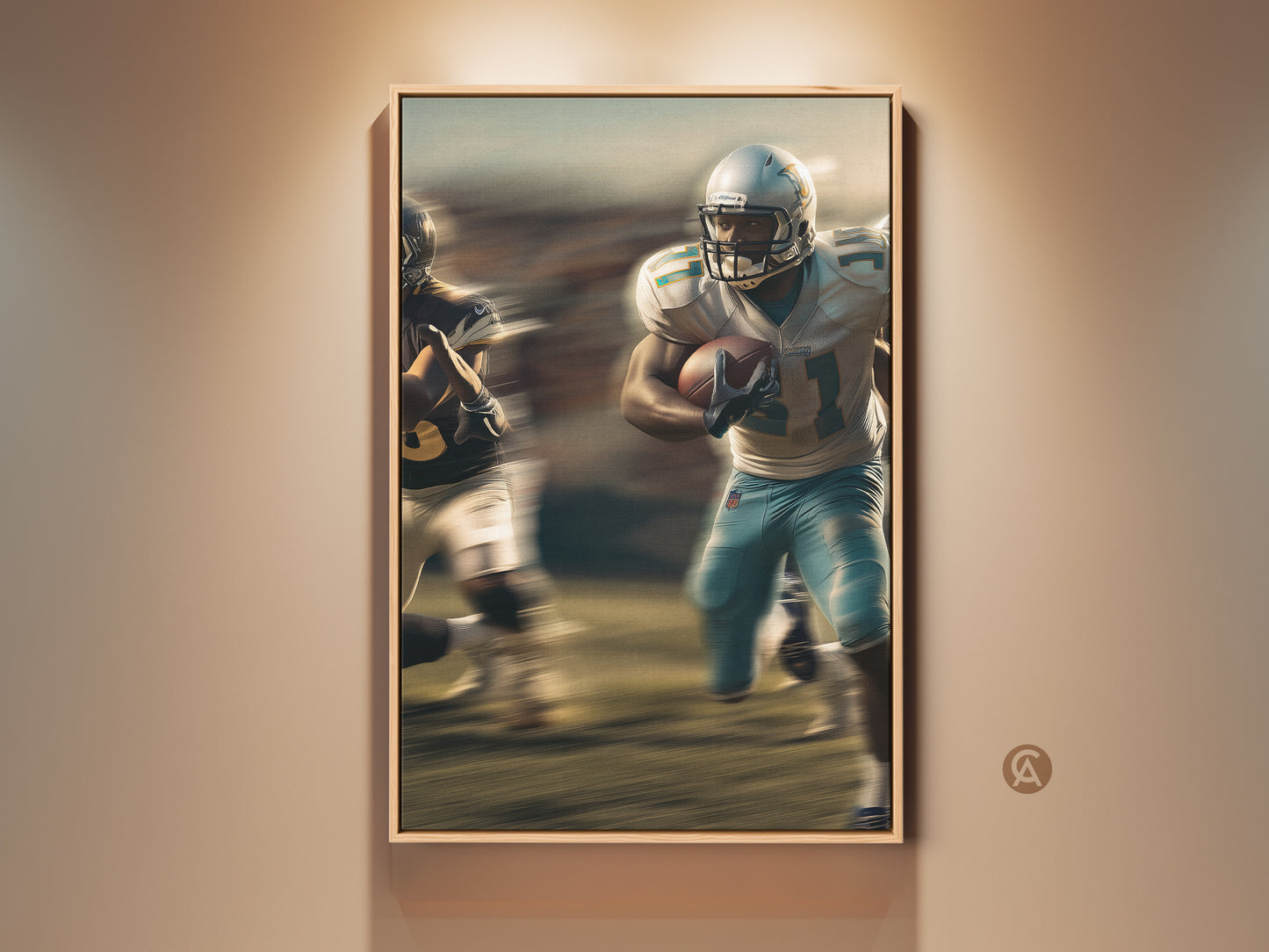 Experience the thrill of the game with this dynamic football player art print. The modern sports canvas features a player in action showcasing blue teal wall decor. Perfect for a man cave gift or office sports art. It adds energy and style to any space. This artwork is a must-have for football fans and sports enthusiasts.