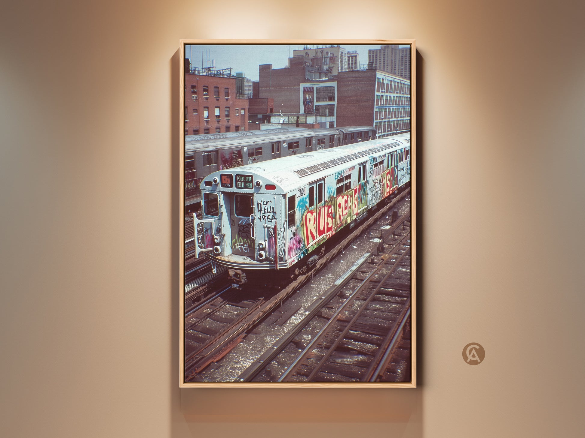 Framed graffiti subway train canvas art. This urban street art print features an industrial loft aesthetic. The cityscape decor makes a great hip hop fan gift. The red blue silver artwork enhances any space.