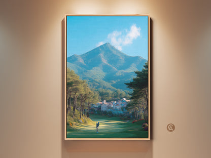 Golf course landscape artwork featuring a golfer teeing off. The backdrop is a mountain range under a clear blue sky. Lush green trees and manicured lawns define the scene. The artwork is framed in a warm wood tone enhancing its appeal.