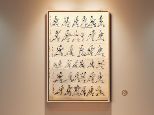 Framed minimalist ink wash art print. This wall decor features martial arts action poses. It's a black sepia line art piece. Ideal as a study room and office gift. The artwork captures movement and discipline in a historical style. Perfect for minimalist and traditional home decor. This sepia-toned artwork is a unique wall hanging.