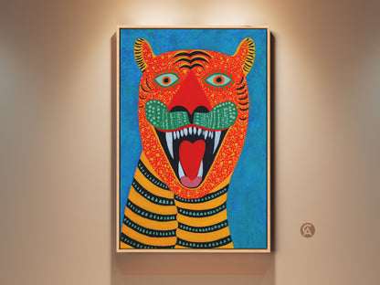 Framed folk art tiger artwork. This vibrant naive art animal print in blue red and orange enhances entryway decor. A unique wildlife canvas art piece for eclectic spaces. Perfect as an animal lover gift.