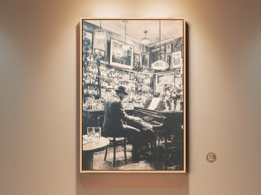 Experience the ambiance with this captivating artwork. It shows a pianist in a vintage bar setting. This framed artwork brings musical charm to any space. Perfect as a wall decor or as a thoughtful gift. Explore art that resonates with musical passion.