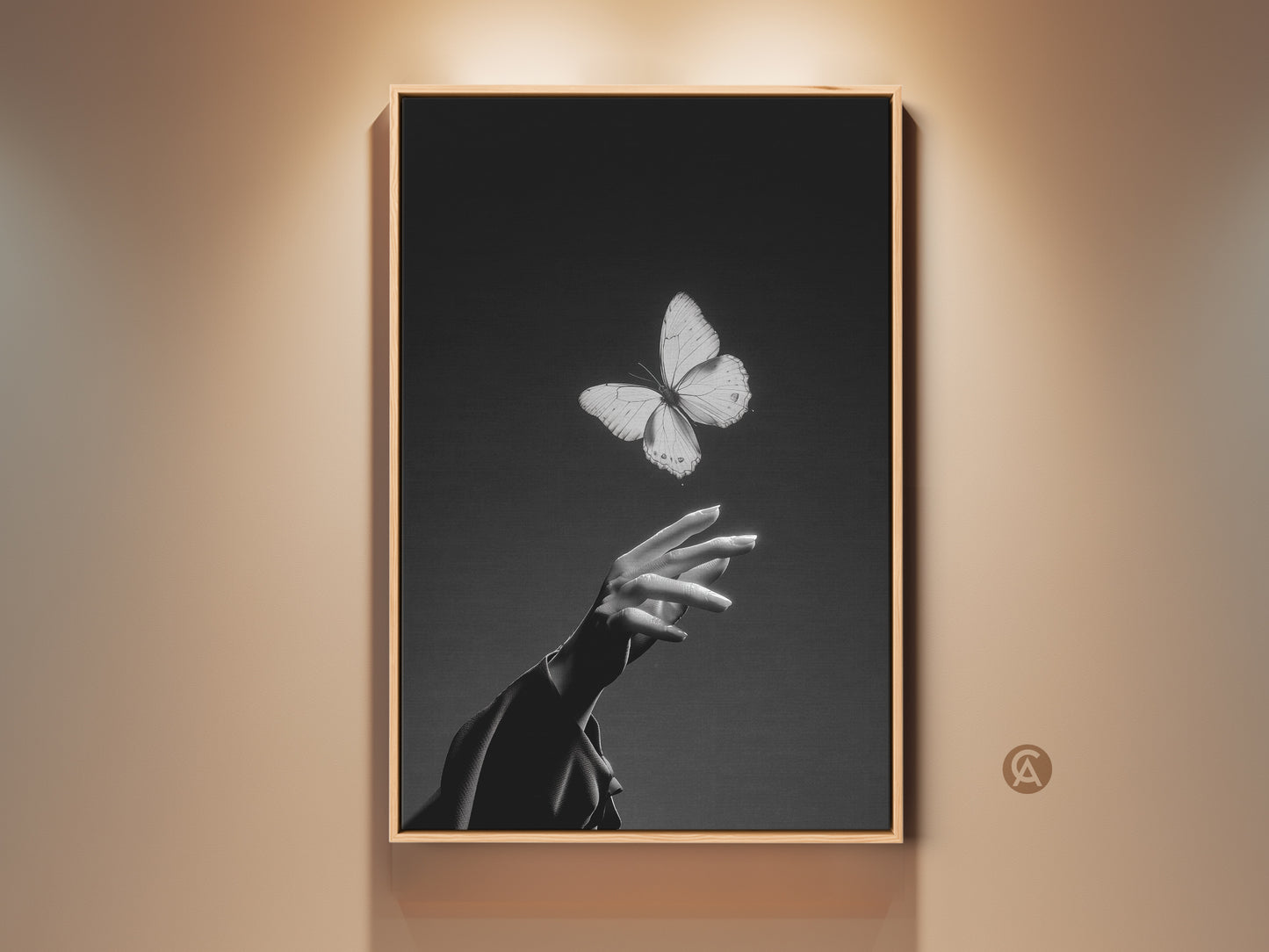 Minimalist black and white butterfly art print. This canvas features an insect interacting with a human hand. Contemporary artwork is perfect for bedroom or living room decor. A thoughtful gift for nature lovers. Add elegance to any space