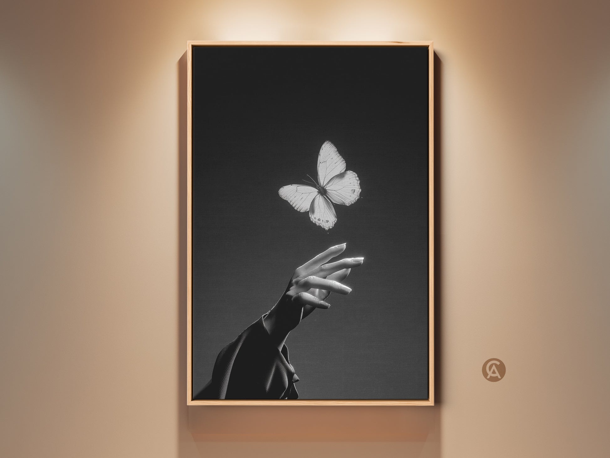 Minimalist black and white butterfly art print. This canvas features an insect interacting with a human hand. Contemporary artwork is perfect for bedroom or living room decor. A thoughtful gift for nature lovers. Add elegance to any space