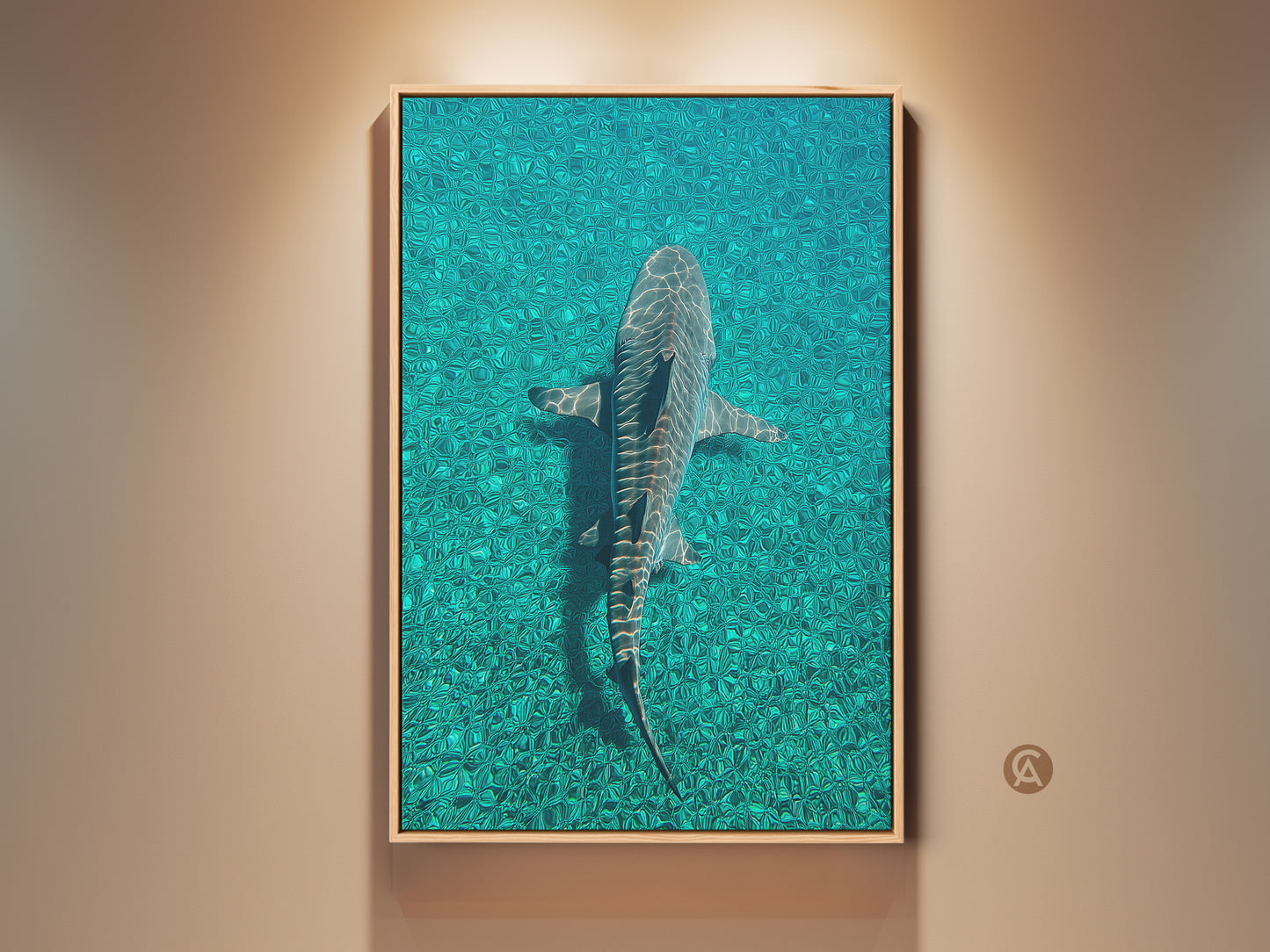 Framed tiger shark canvas art hangs on a wall. The artwork features a photorealistic shark swimming in teal ocean water. This coastal wildlife art adds a deep blue underwater scene to any room. Perfect as modern bathroom art or living room shark print.