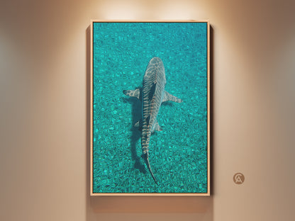 Framed tiger shark canvas art hangs on a wall. The artwork features a photorealistic shark swimming in teal ocean water. This coastal wildlife art adds a deep blue underwater scene to any room. Perfect as modern bathroom art or living room shark print.