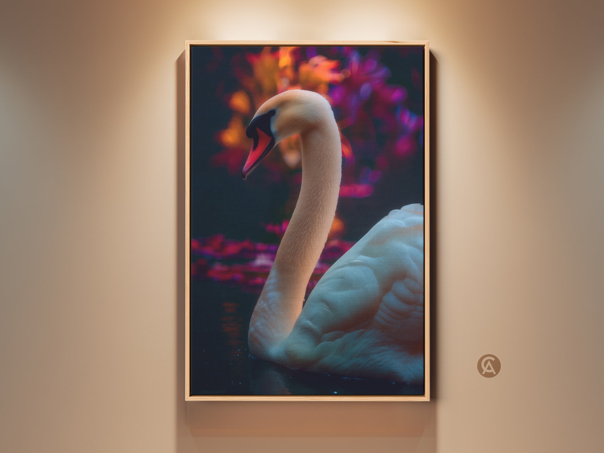 Elegant photorealistic swan canvas art for bedroom wall decor. This wildlife art print showcases a white swan against pink orange hues. A contemporary nature scene for animal lovers. This high-quality canvas art is ready to hang adding serene wildlife to your home.