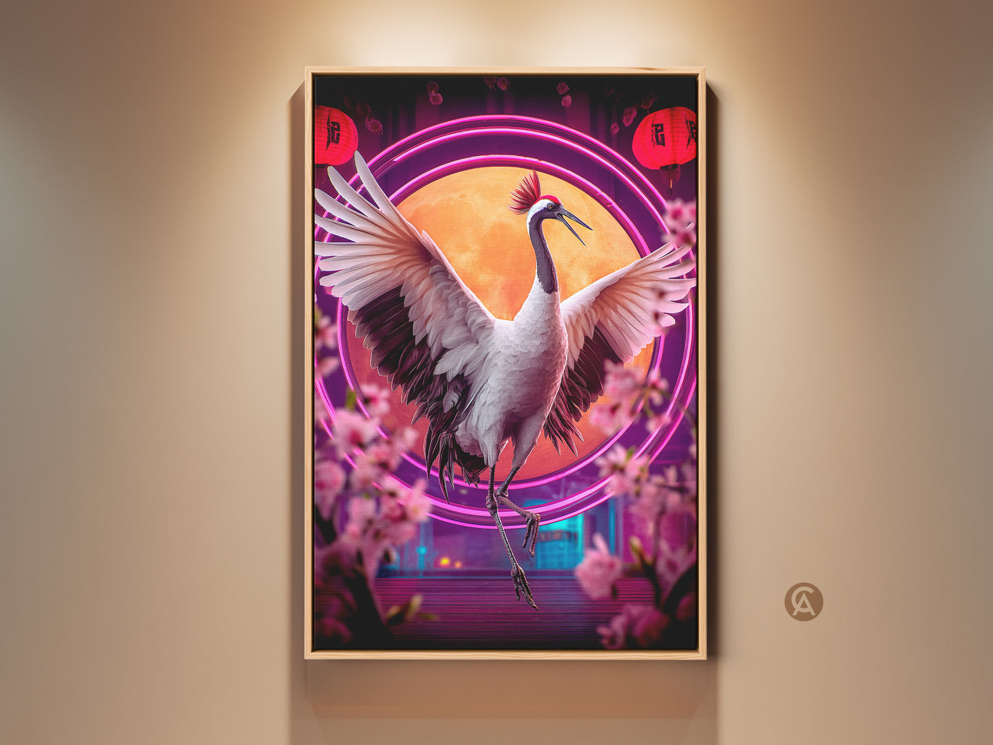 Majestic red crowned crane art featuring vibrant neon circles and cherry blossoms. This artwork captures Japanese culture with a modern cyberpunk twist. Perfect for eclectic home decor and New Year gifts. The primary colors of orange and red with purple accents create a visually stunning piece of animal nature wall art.
