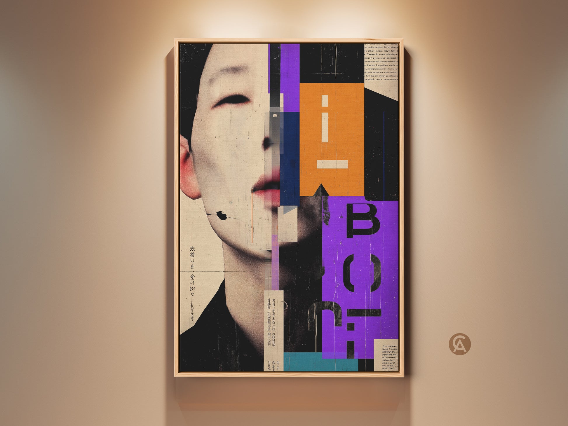 Geometric collage canvas print featuring an abstract face portrait. This modern artwork combines orange purple and beige hues. Ideal for enhancing office decor or adding avant-garde style to your home. A unique wall hanging that serves as a captivating piece of contemporary art for any room.